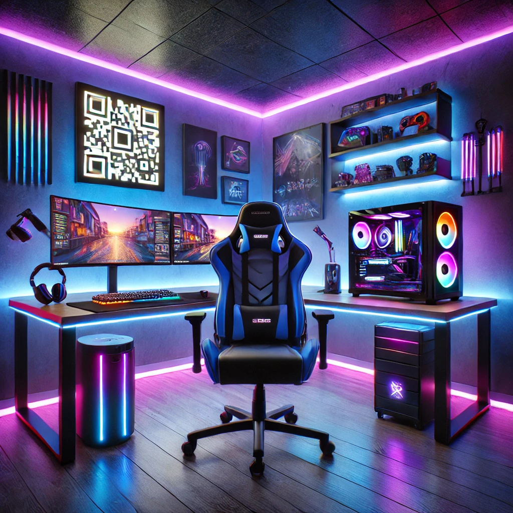 DALL·E 2025-02-06 10.43.47 - A gaming and streaming room with a high-tech, modern setup. The room features RGB lighting in shades of blue and purple, creating a vibrant and immers