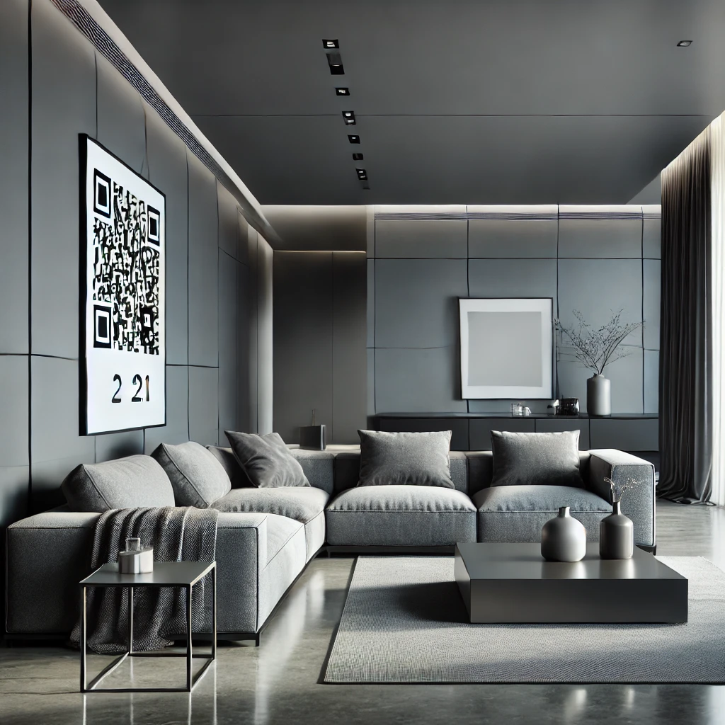 DALL·E 2025-02-06 10.45.32 - A sleek, modern interior design with a focus on gray tones. The room features a spacious, contemporary living area with dark gray walls, a large gray